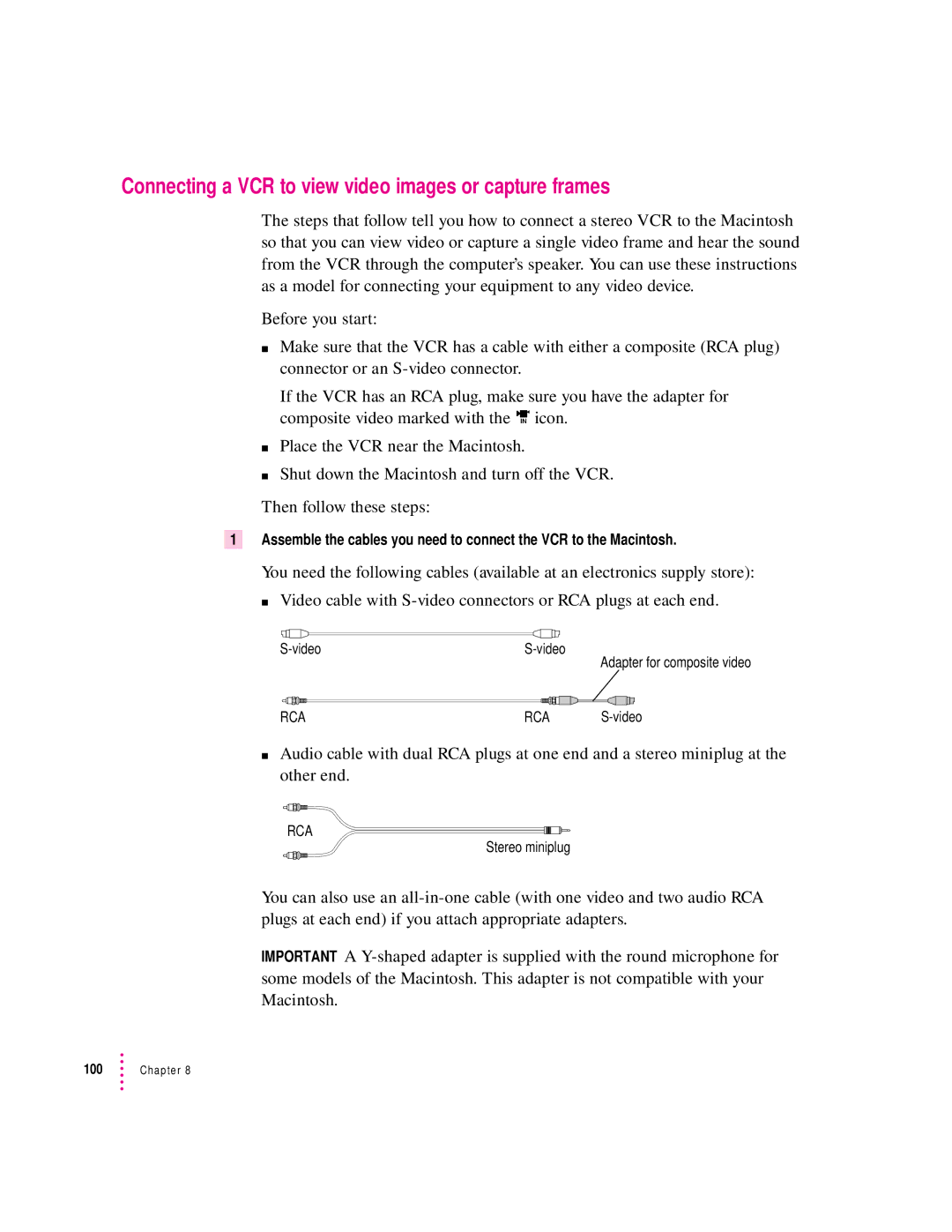 Apple 8100/80AV manual Connecting a VCR to view video images or capture frames 