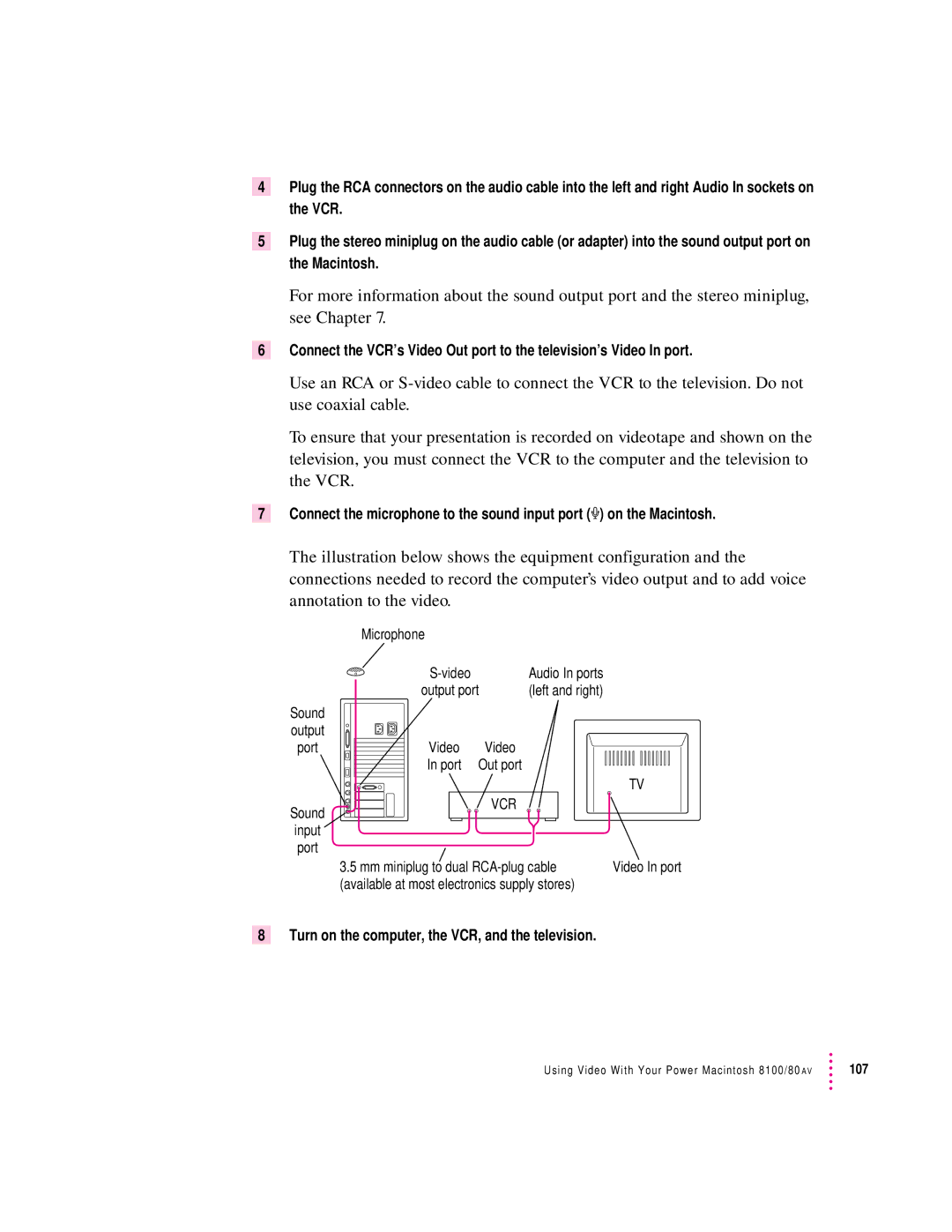 Apple 8100/80AV manual Turn on the computer, the VCR, and the television 