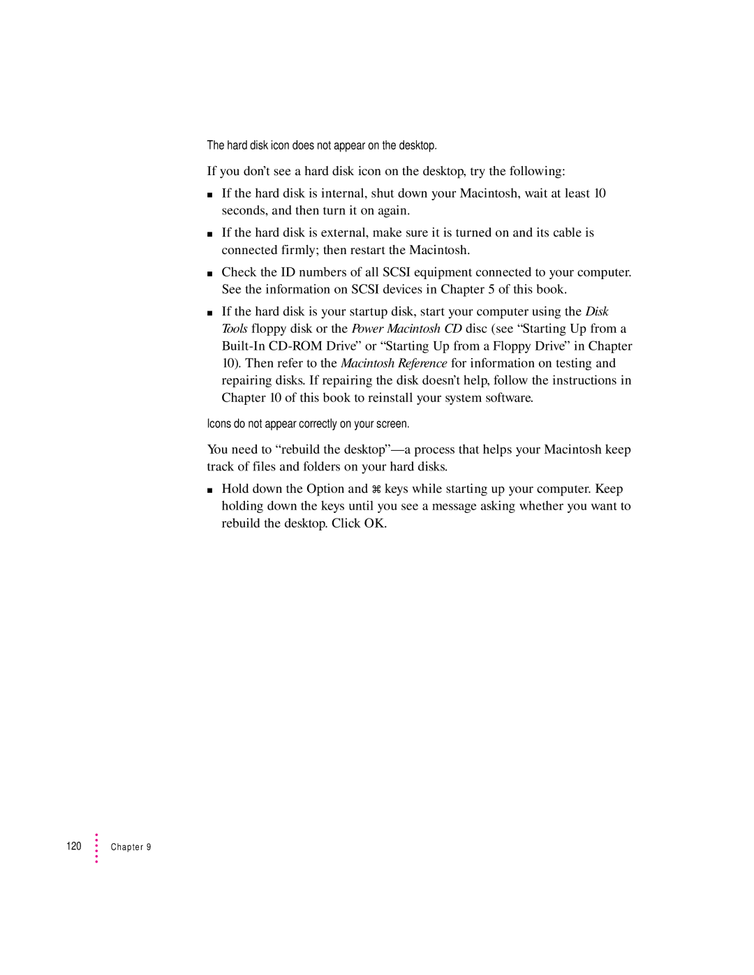 Apple 8100/80AV manual Hard disk icon does not appear on the desktop 