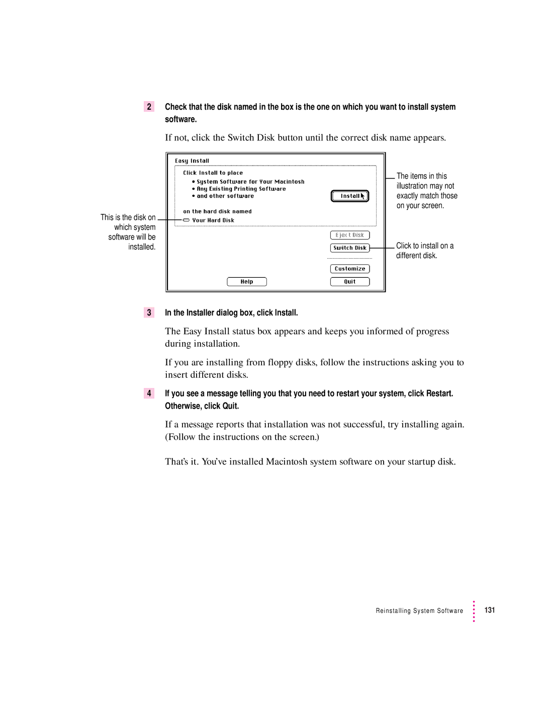 Apple 8100/80AV manual Installer dialog box, click Install 