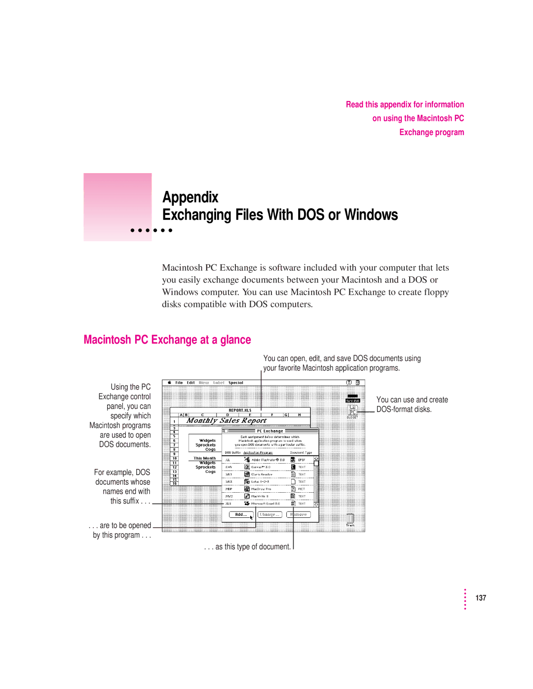 Apple 8100/80AV manual Appendix Exchanging Files With DOS or Windows, Macintosh PC Exchange at a glance 