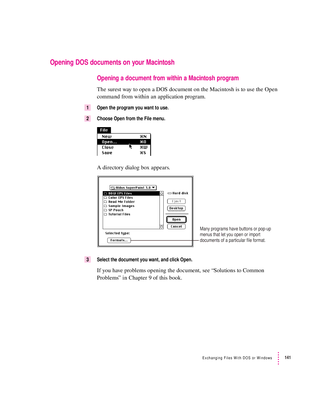 Apple 8100/80AV manual Opening DOS documents on your Macintosh, Opening a document from within a Macintosh program 