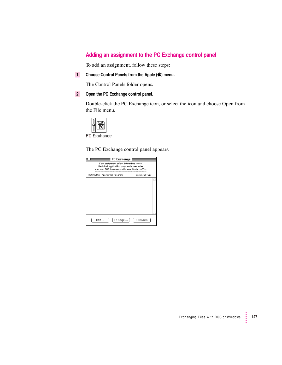 Apple 8100/80AV manual Adding an assignment to the PC Exchange control panel, To add an assignment, follow these steps 