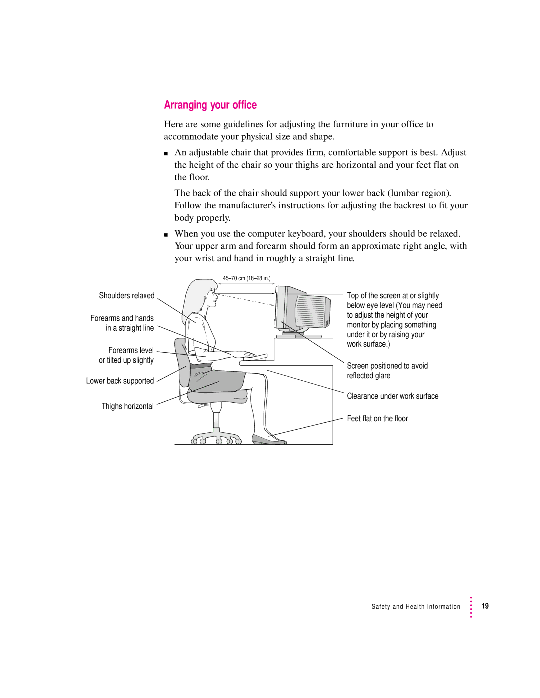 Apple 8100/80AV manual Arranging your office, Shoulders relaxed 