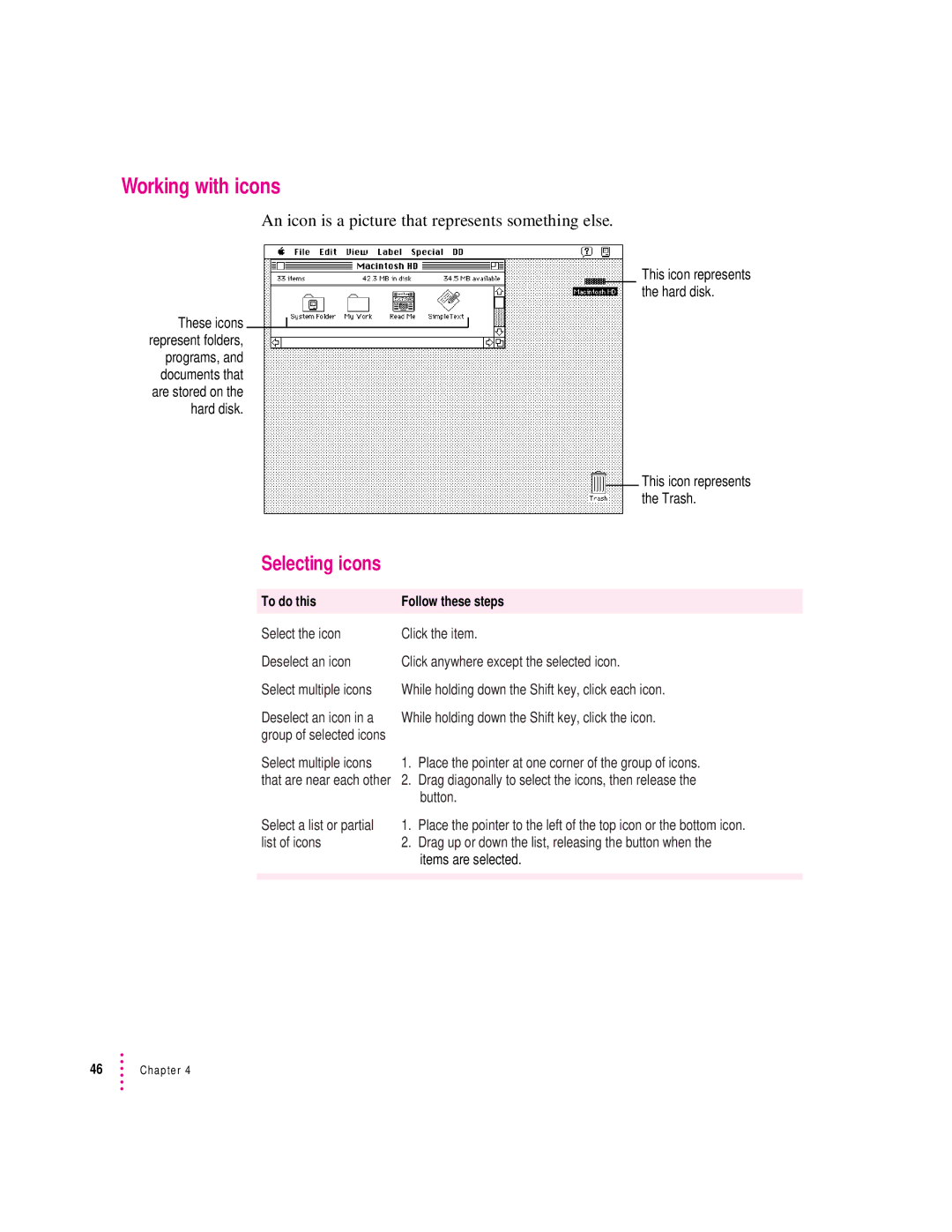 Apple 8100/80AV manual Working with icons, An icon is a picture that represents something else 