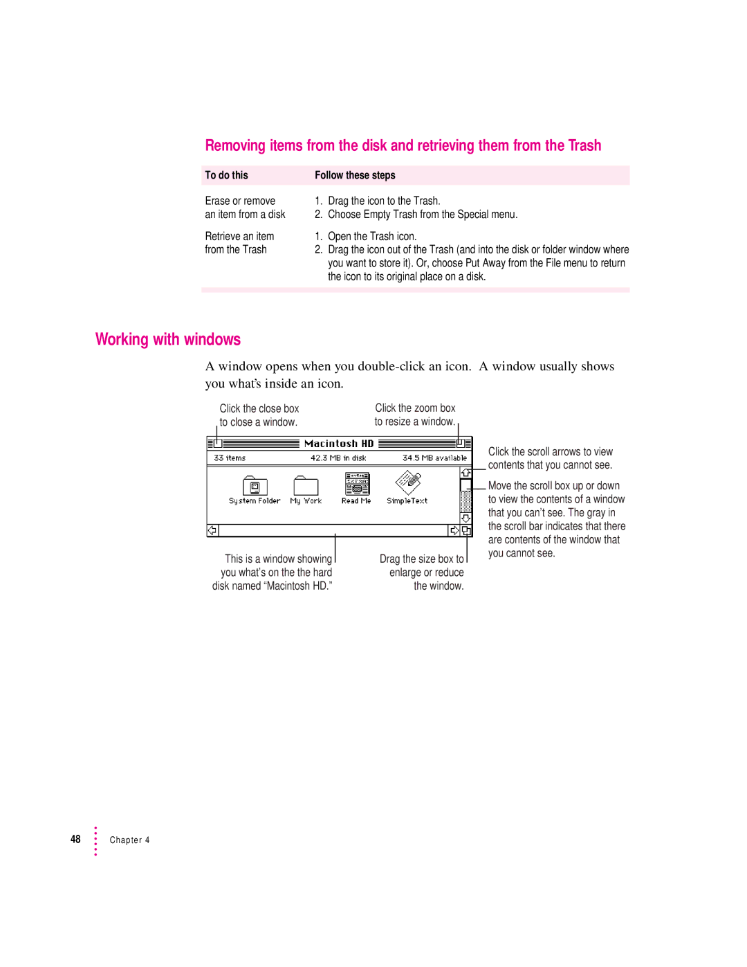 Apple 8100/80AV manual Working with windows, Retrieve an item Open the Trash icon From the Trash 