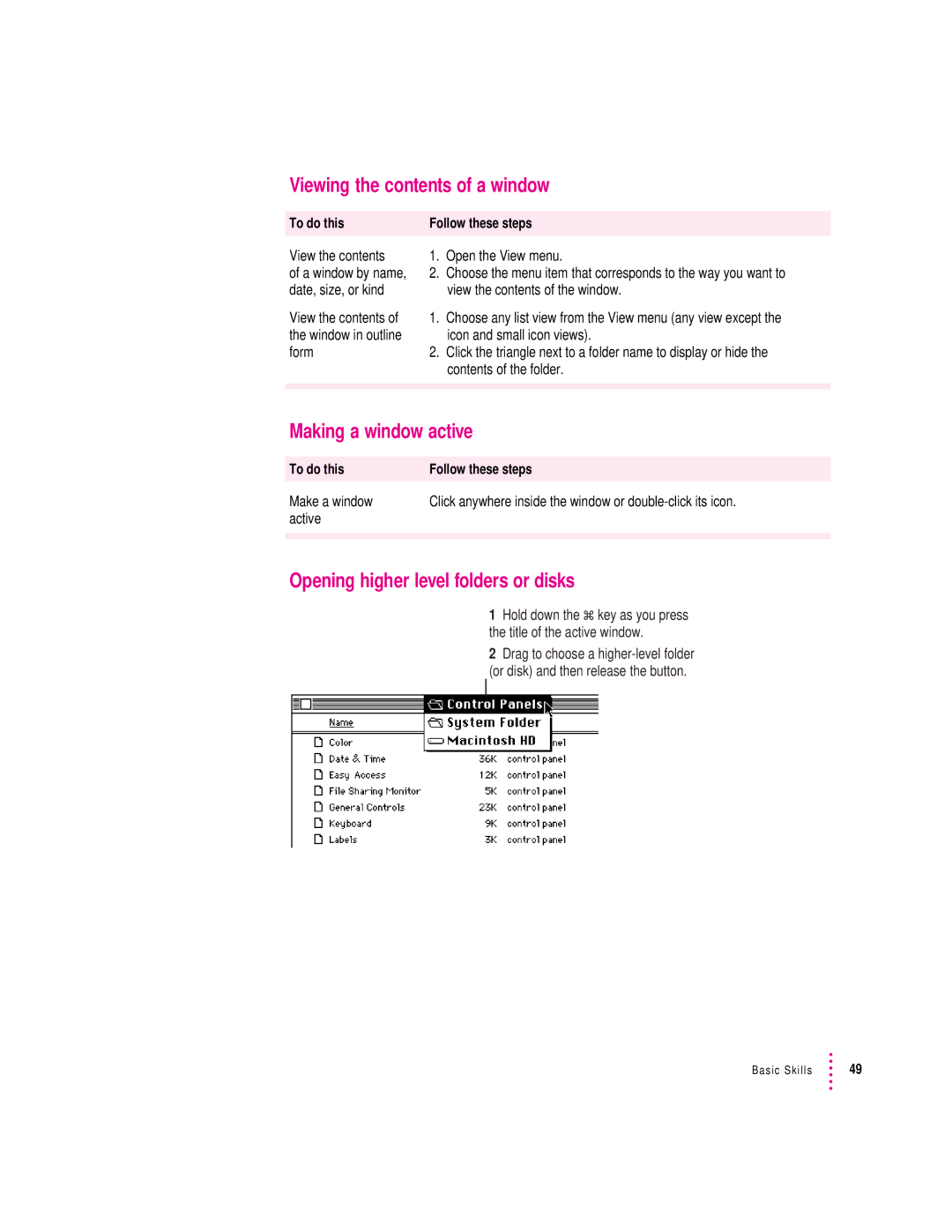 Apple 8100/80AV manual Viewing the contents of a window, Making a window active, Opening higher level folders or disks 