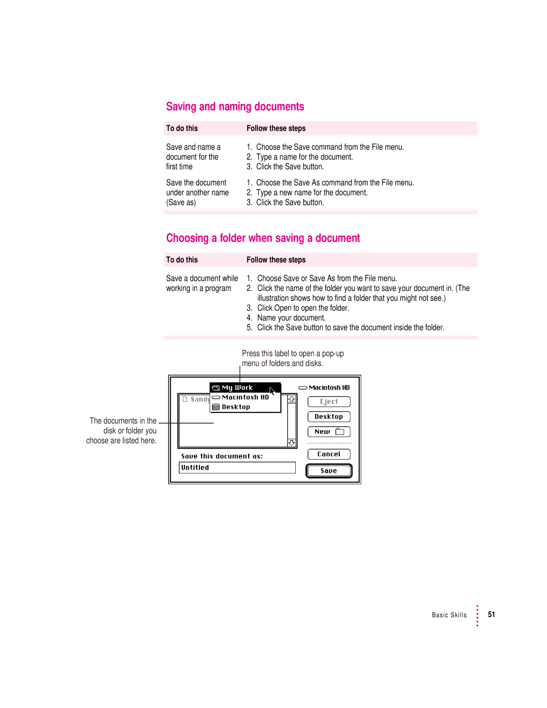 Apple 8100/80AV manual Saving and naming documents, Choosing a folder when saving a document 