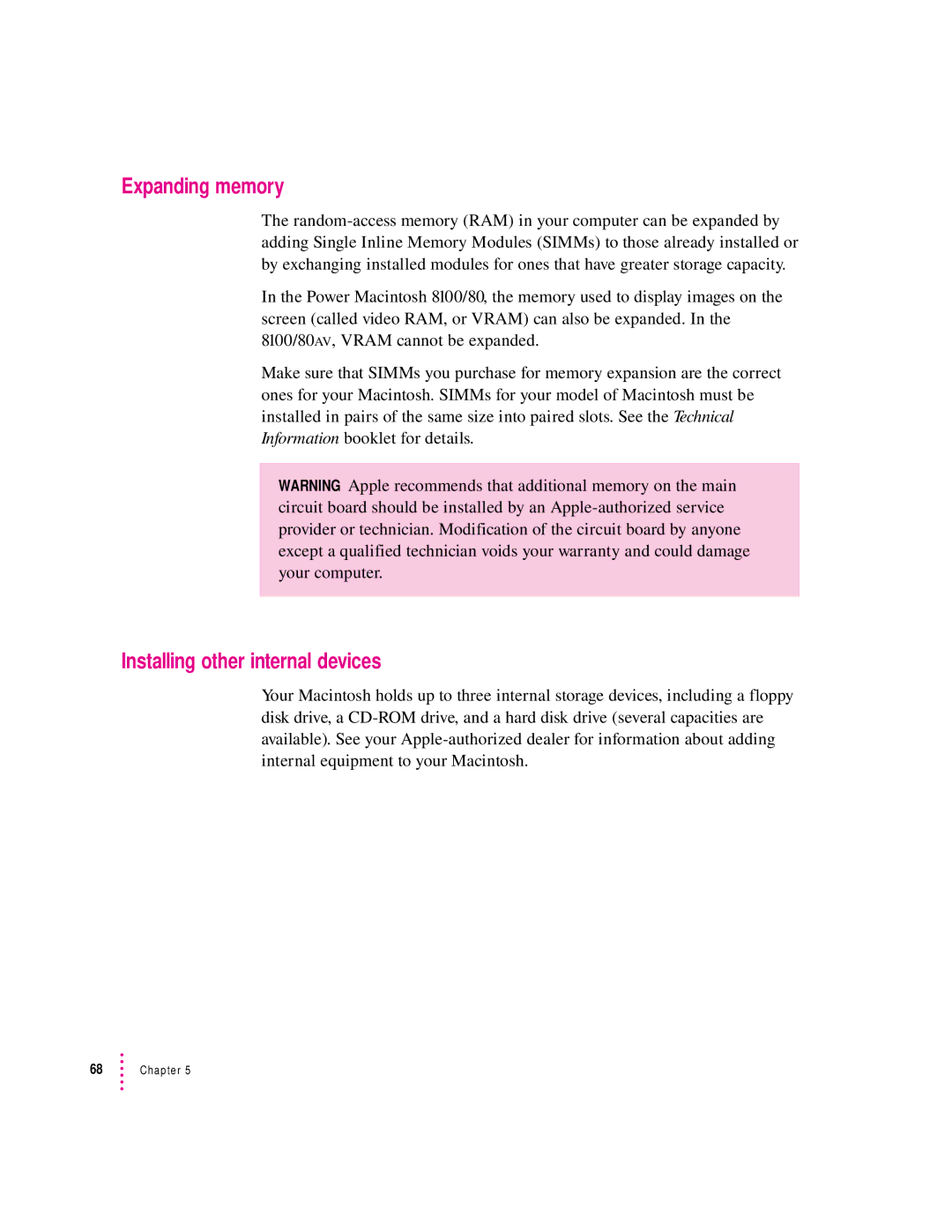 Apple 8100/80AV manual Expanding memory, Installing other internal devices 