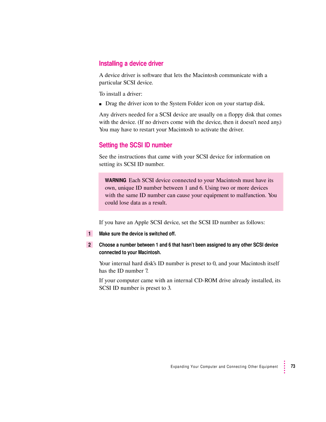 Apple 8100/80AV manual Installing a device driver, Setting the Scsi ID number 