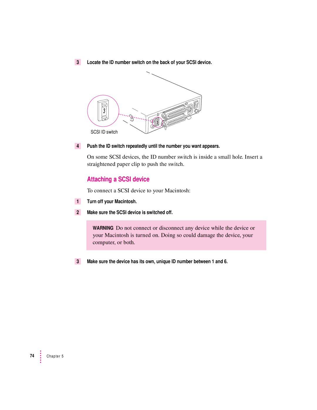 Apple 8100/80AV manual Attaching a Scsi device, To connect a Scsi device to your Macintosh 