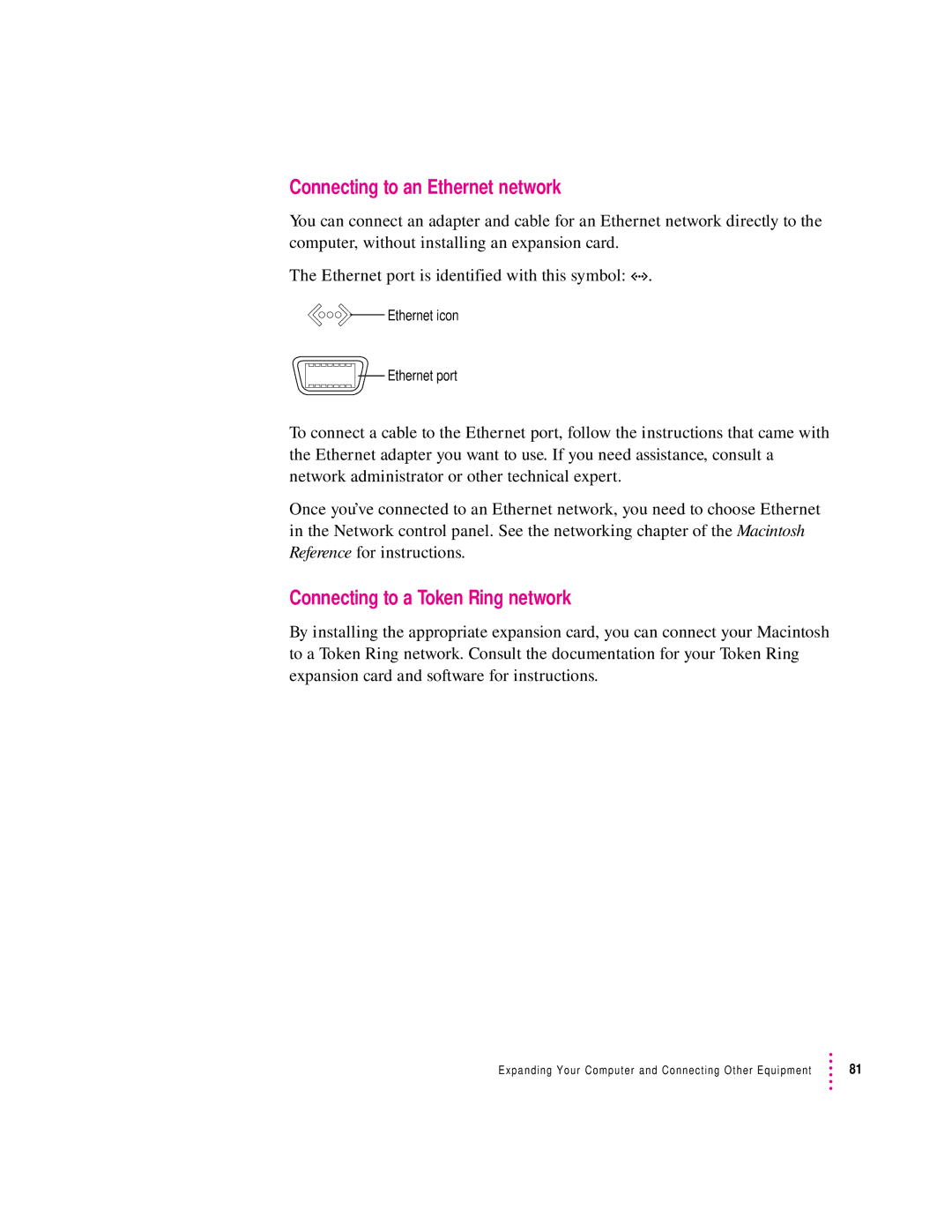 Apple 8100/80AV manual Connecting to an Ethernet network, Connecting to a Token Ring network 