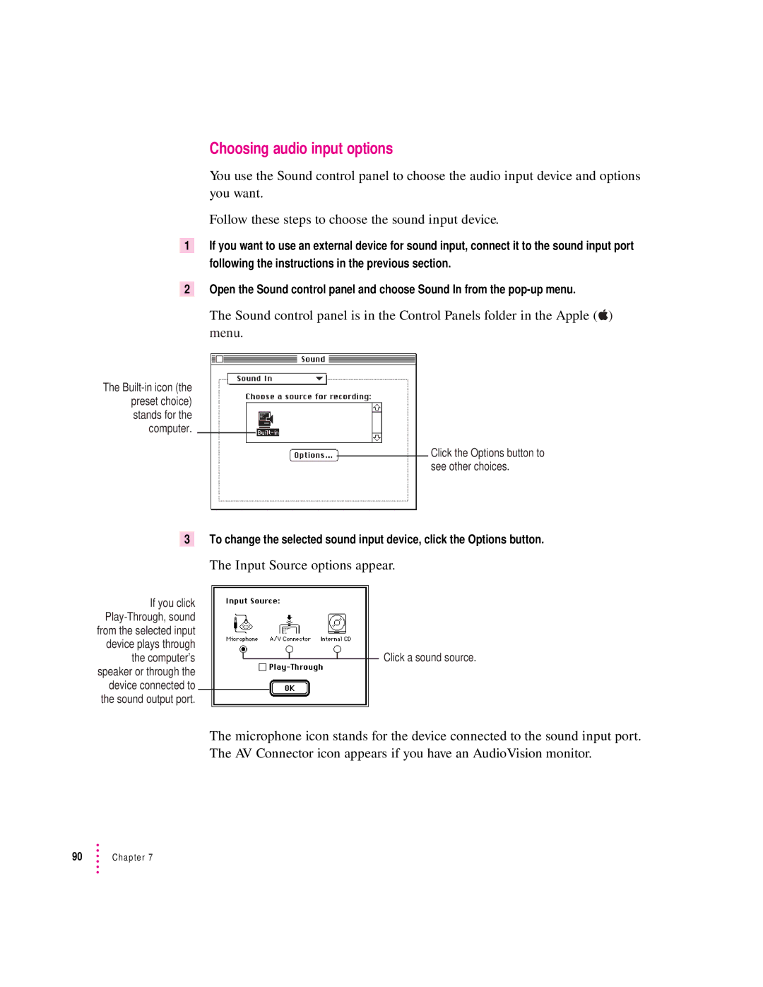 Apple 8100/80AV manual Choosing audio input options, Input Source options appear 