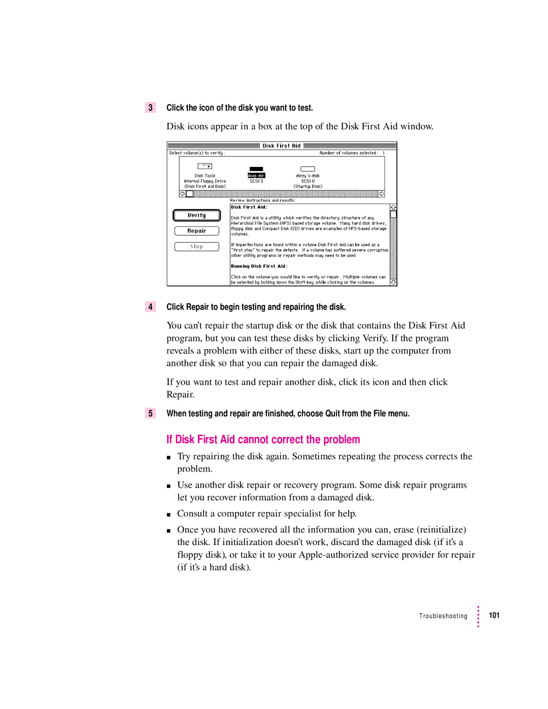 Apple 8200 appendix If Disk First Aid cannot correct the problem, Click the icon of the disk you want to test 