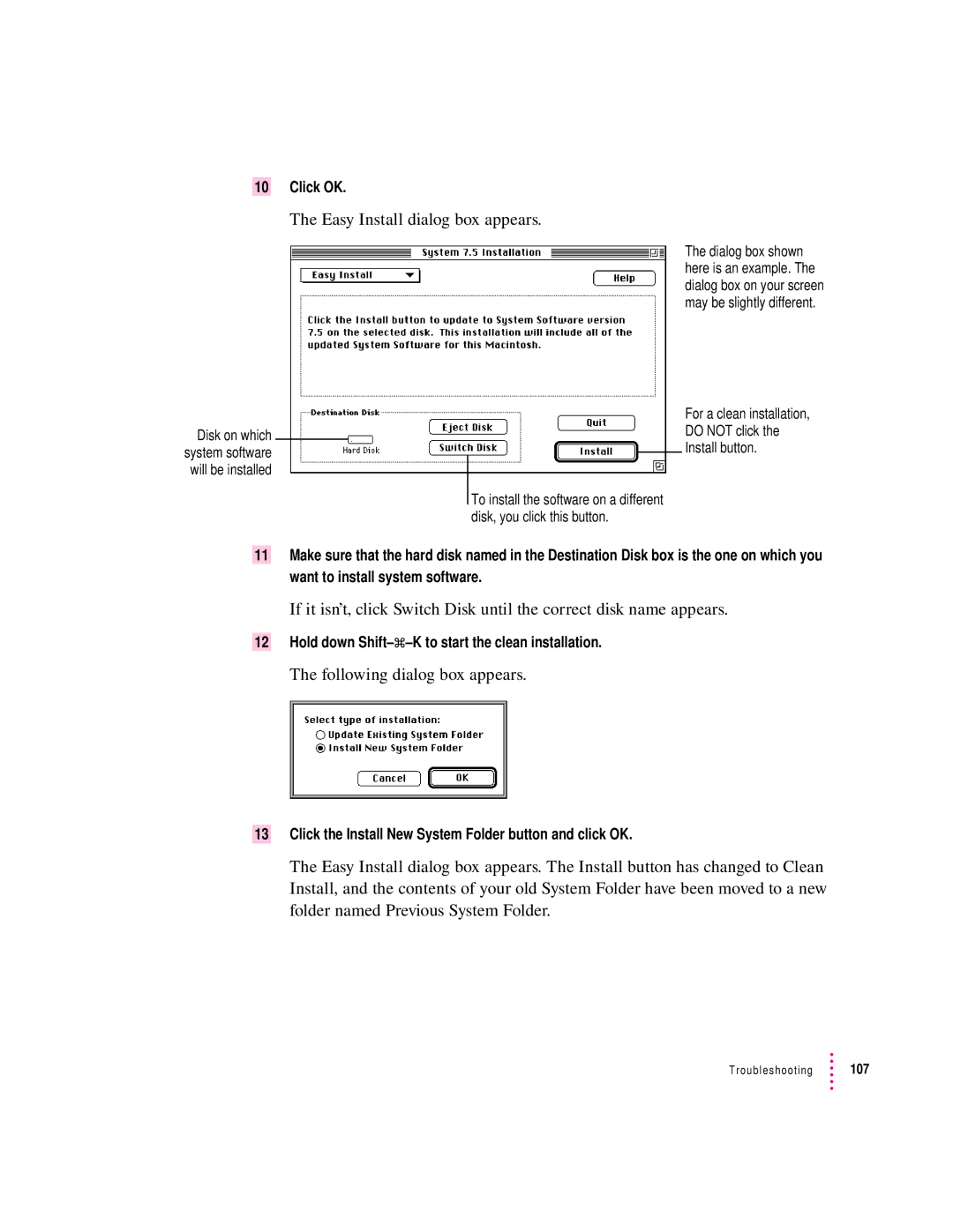 Apple 8200 appendix Following dialog box appears, Hold down Shift-x-K to start the clean installation 