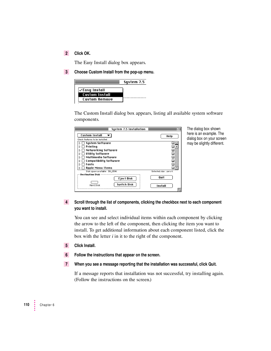 Apple 8200 appendix Click OK, Choose Custom Install from the pop-up menu 