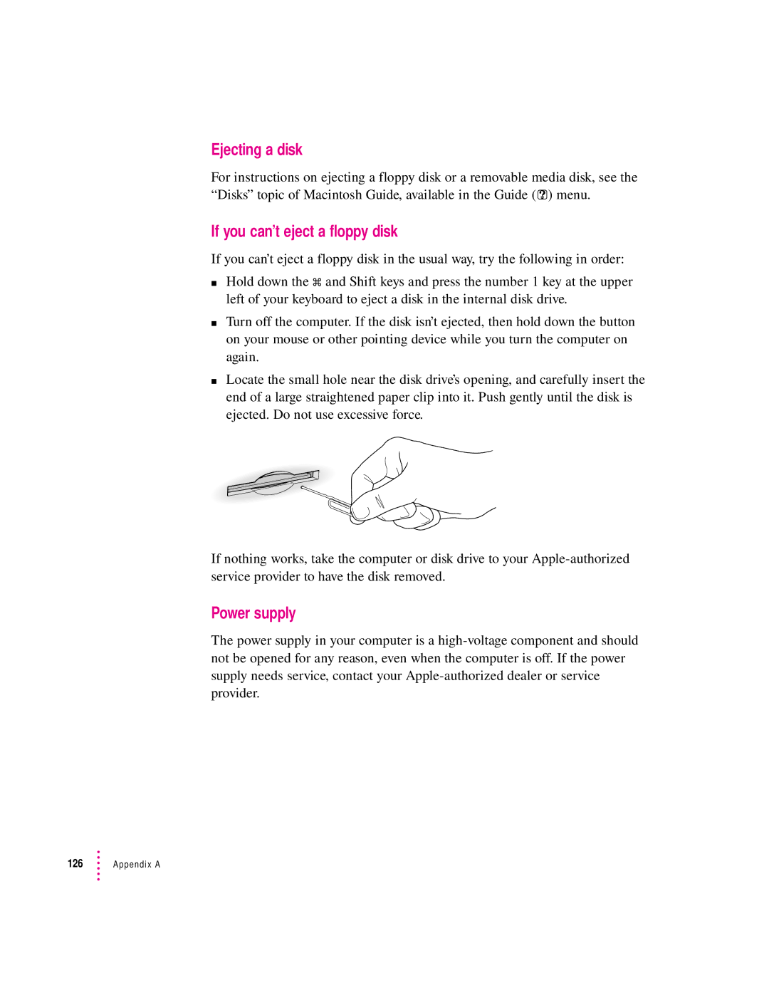 Apple 8200 appendix Ejecting a disk, If you can’t eject a floppy disk, Power supply 