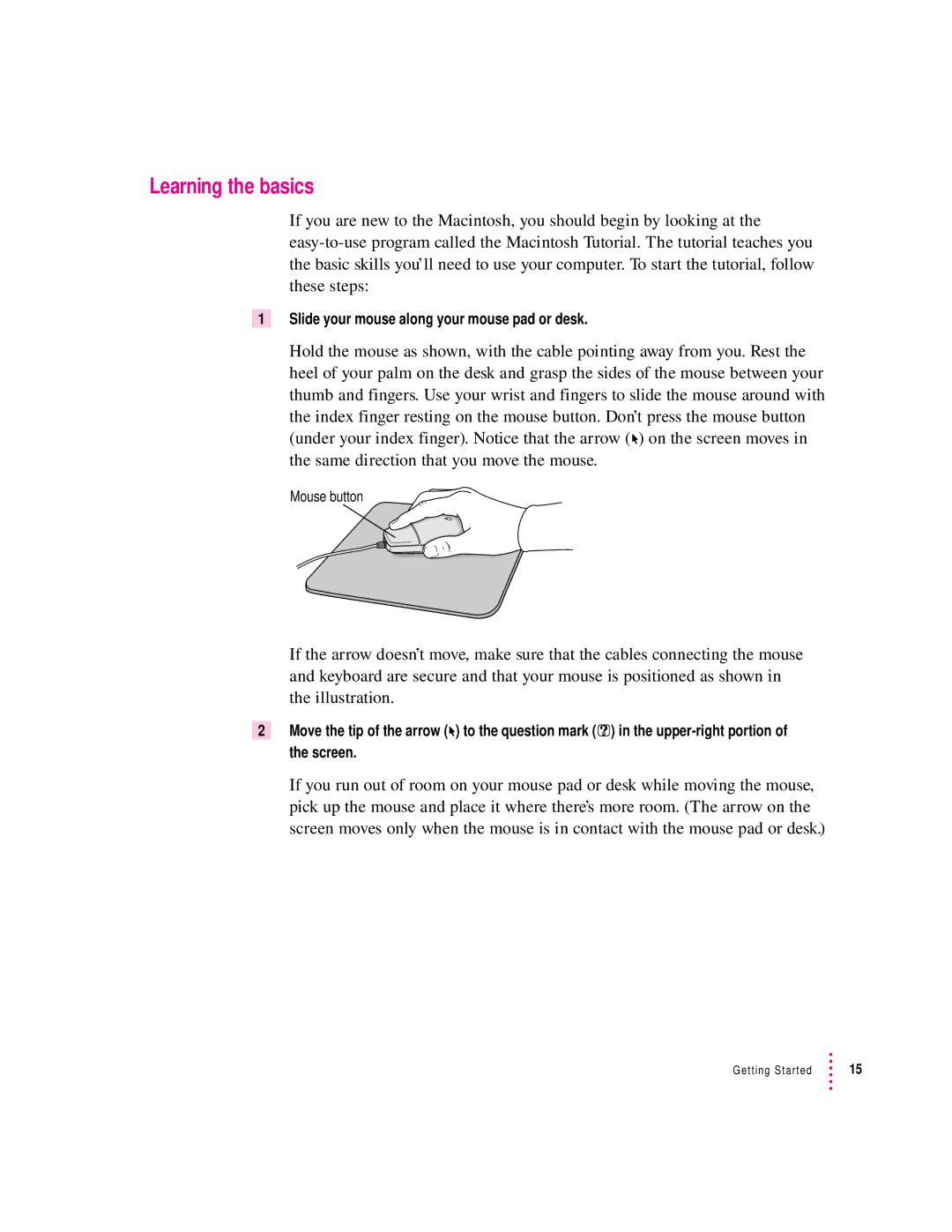 Apple 8200 appendix Learning the basics, Slide your mouse along your mouse pad or desk 