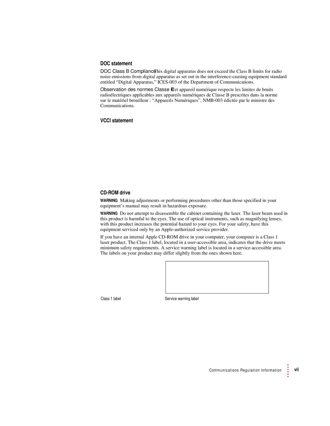 Apple 8200 appendix DOC statement, Vcci statement CD-ROM drive 