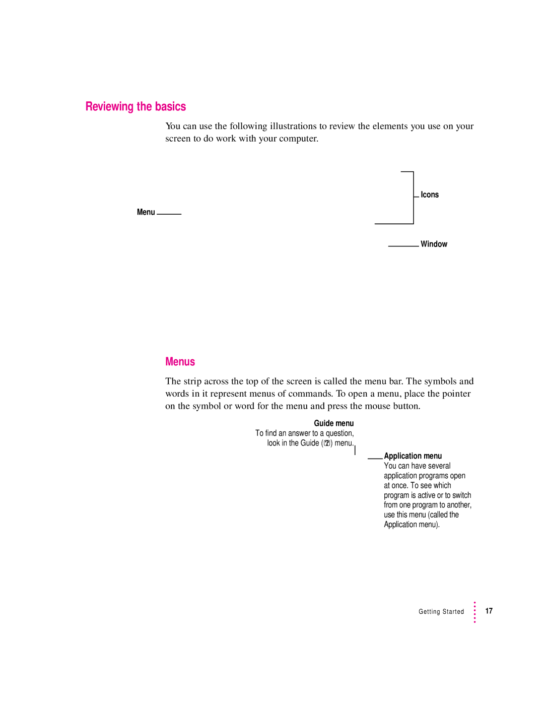 Apple 8200 appendix Reviewing the basics, Menus, Menu Icons Window 