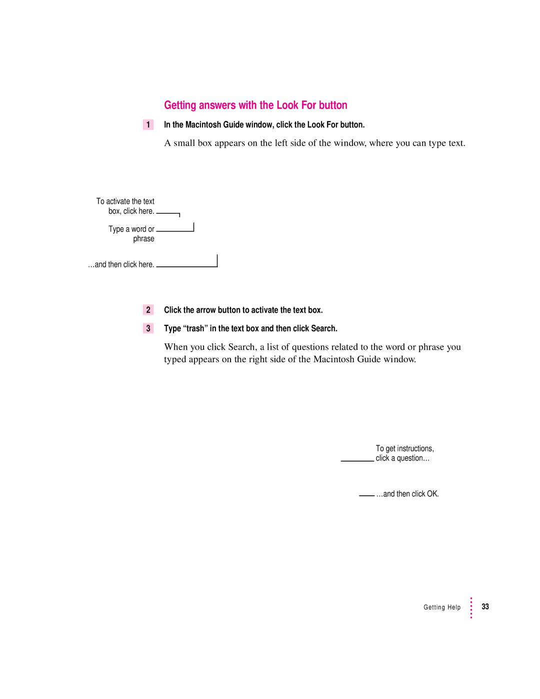 Apple 8200 appendix Getting answers with the Look For button, Macintosh Guide window, click the Look For button 