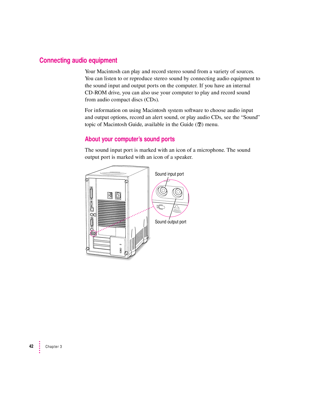 Apple 8200 appendix Connecting audio equipment, About your computer’s sound ports 