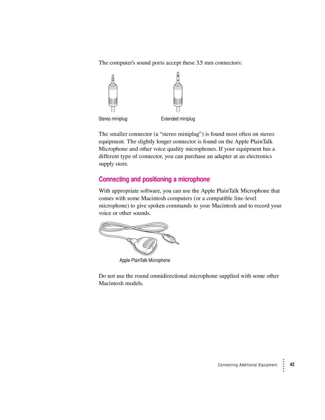 Apple 8200 appendix Connecting and positioning a microphone, Computer’s sound ports accept these 3.5 mm connectors 