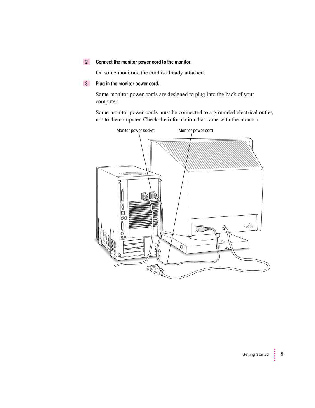 Apple 8200 appendix On some monitors, the cord is already attached, Connect the monitor power cord to the monitor 