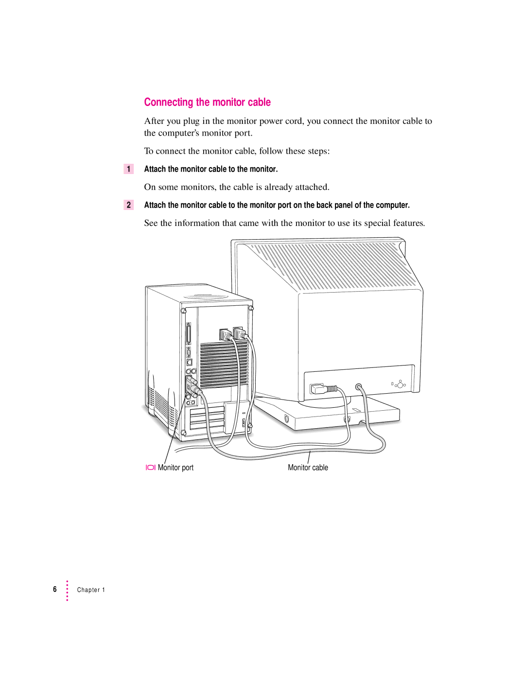 Apple 8200 appendix Connecting the monitor cable, On some monitors, the cable is already attached 