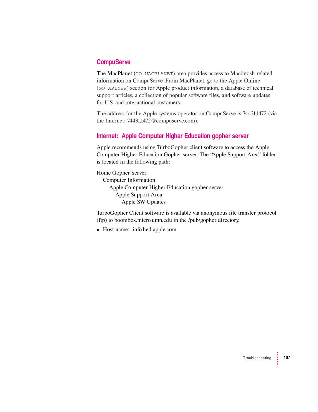 Apple 8500/150 Series, 8500 Series appendix CompuServe, Internet Apple Computer Higher Education gopher server 