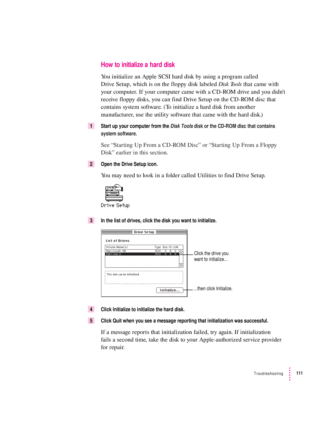 Apple 8500/150 Series, 8500 Series appendix How to initialize a hard disk, Open the Drive Setup icon 