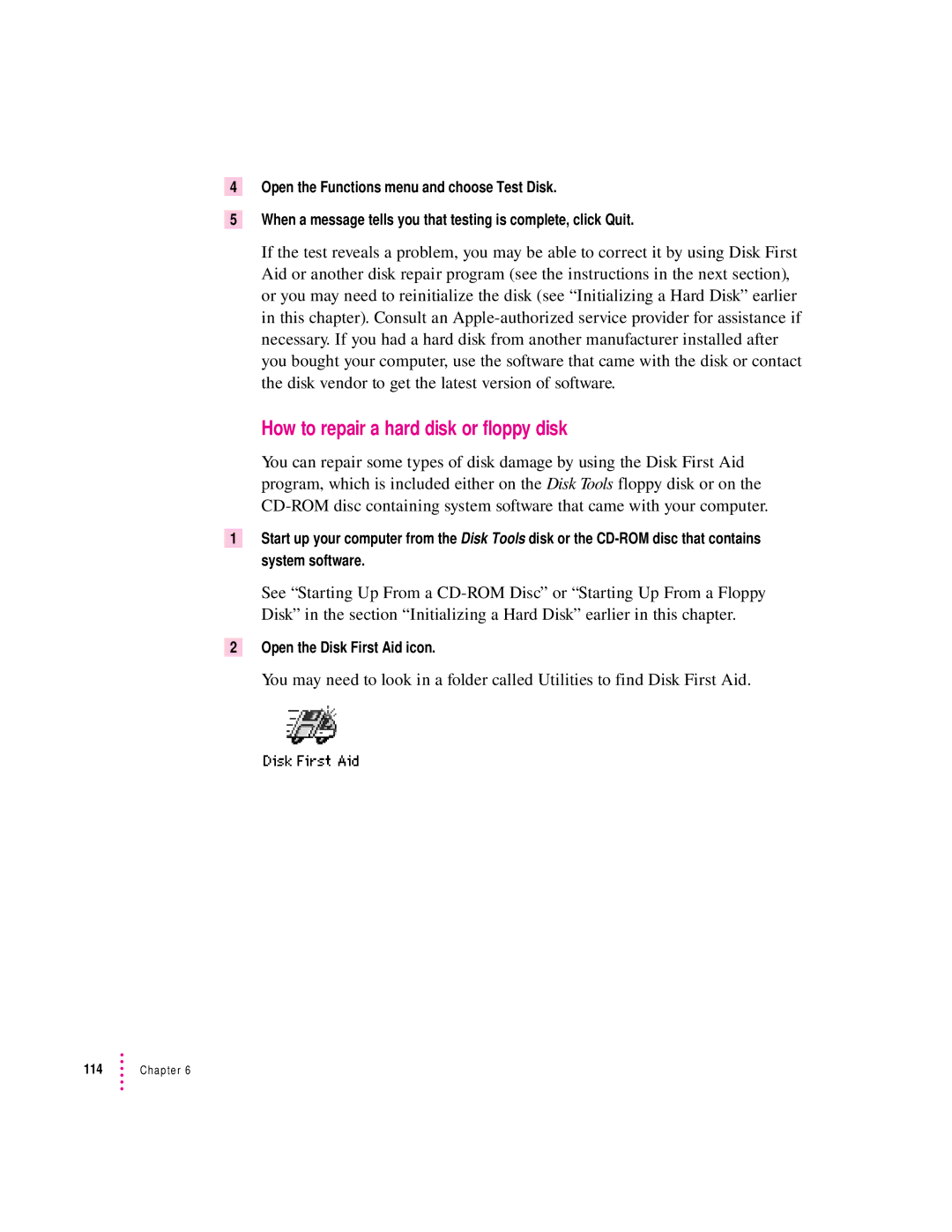 Apple 8500 Series, 8500/150 Series appendix How to repair a hard disk or floppy disk, Open the Disk First Aid icon 