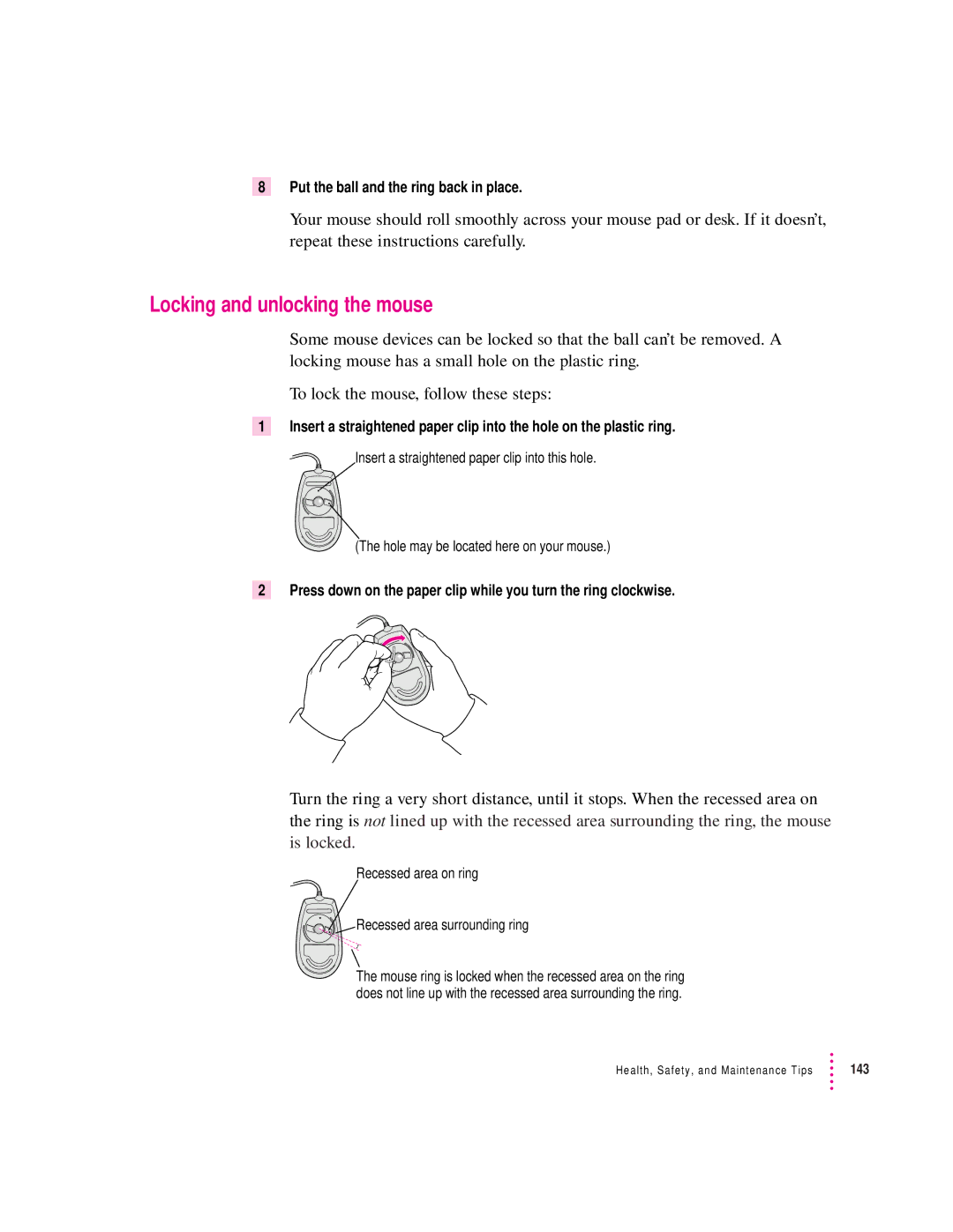 Apple 8500/150 Series, 8500 Series appendix Locking and unlocking the mouse, Put the ball and the ring back in place 