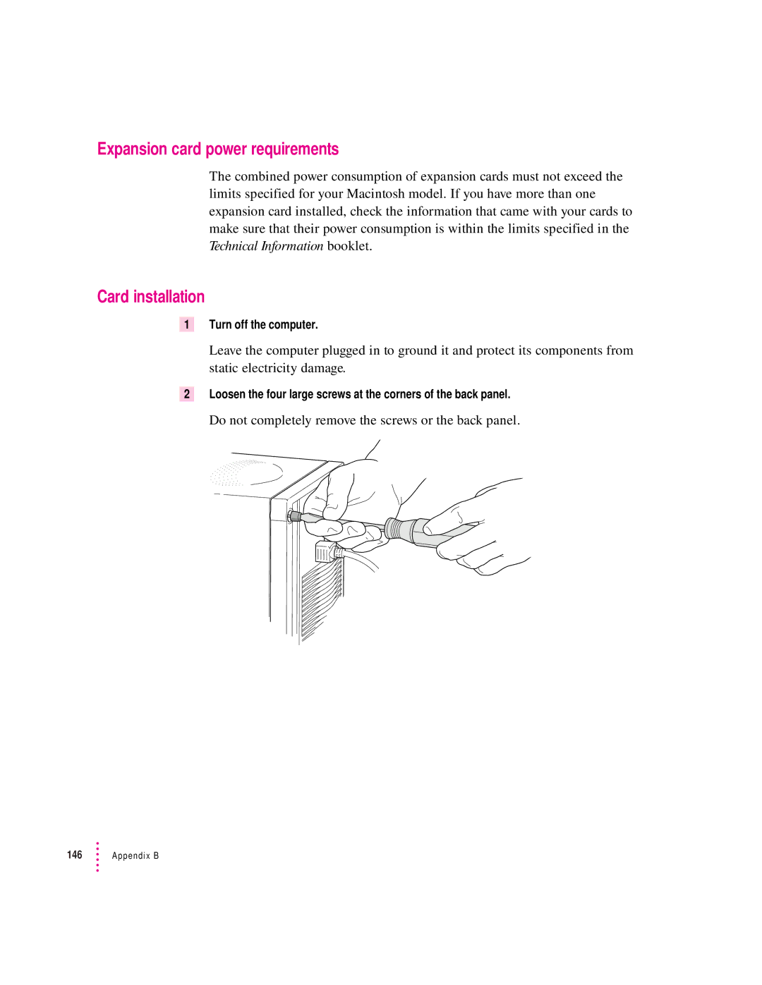 Apple 8500 Series, 8500/150 Series appendix Expansion card power requirements, Card installation, Turn off the computer 