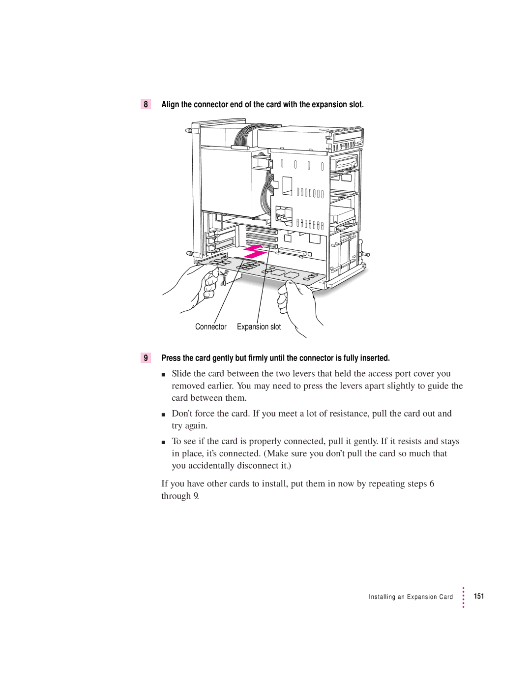 Apple 8500/150 Series, 8500 Series appendix Align the connector end of the card with the expansion slot 
