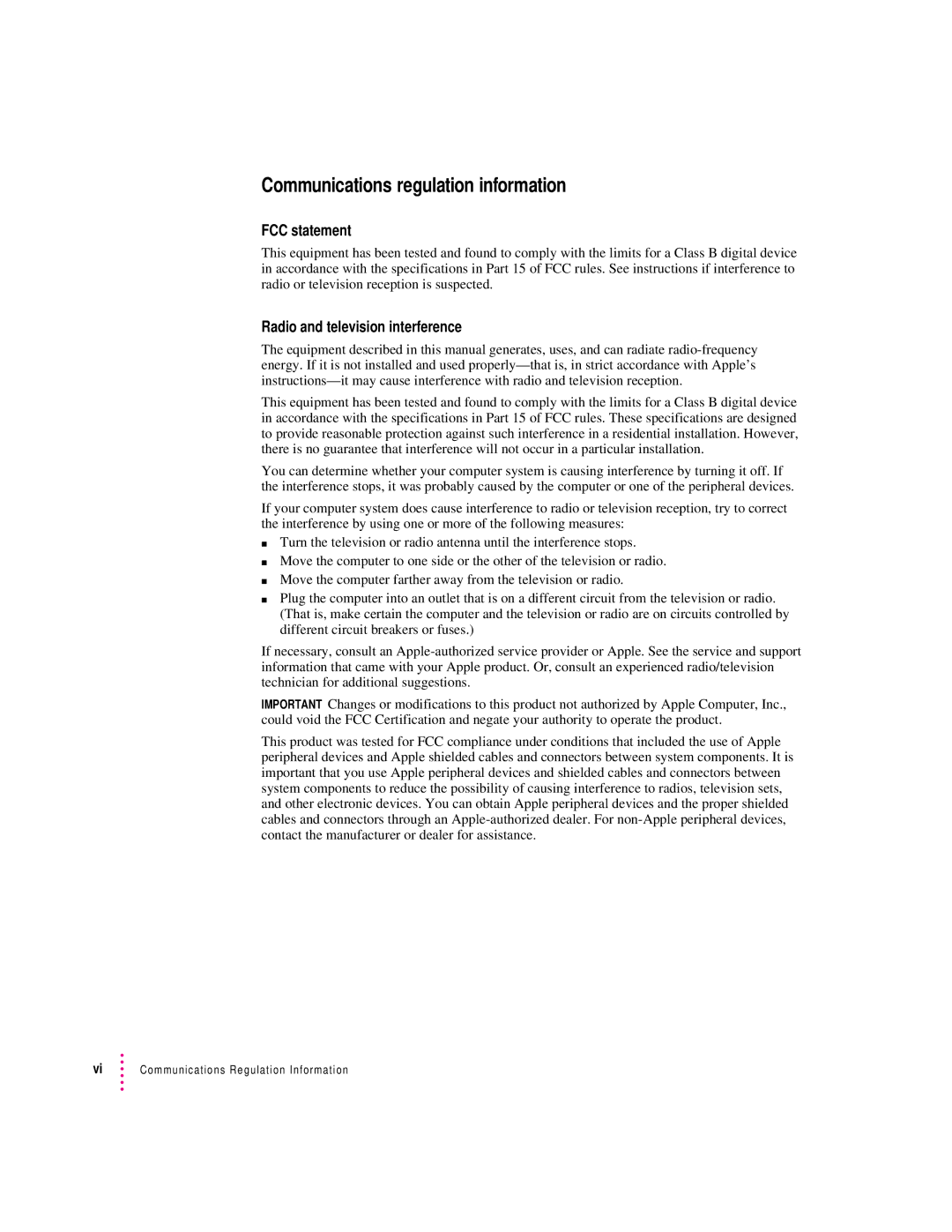 Apple 8500/150 Series, 8500 Series appendix FCC statement, Radio and television interference 