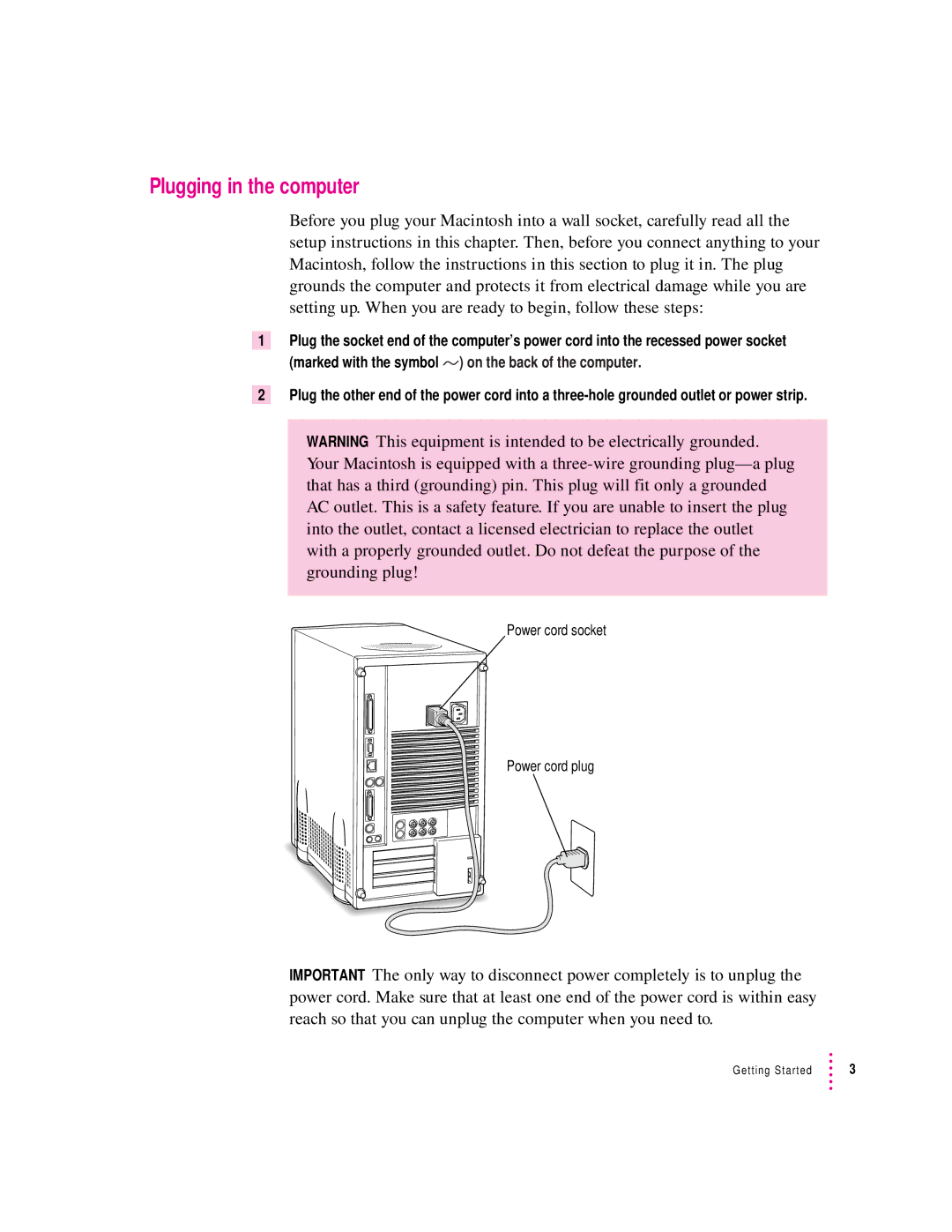 Apple 8500/150 Series, 8500 Series appendix Plugging in the computer 