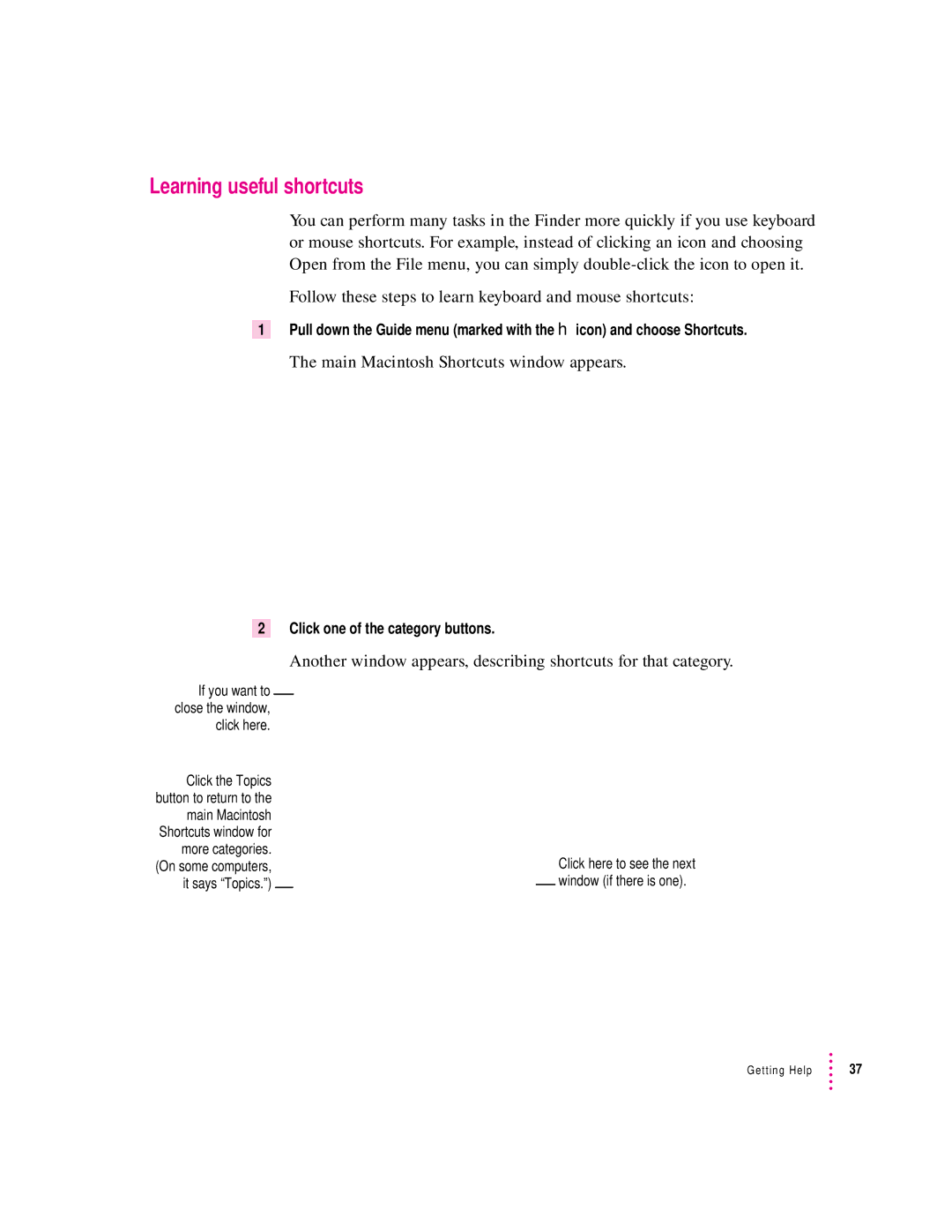 Apple 8500/150 Series, 8500 Series appendix Learning useful shortcuts, Main Macintosh Shortcuts window appears 