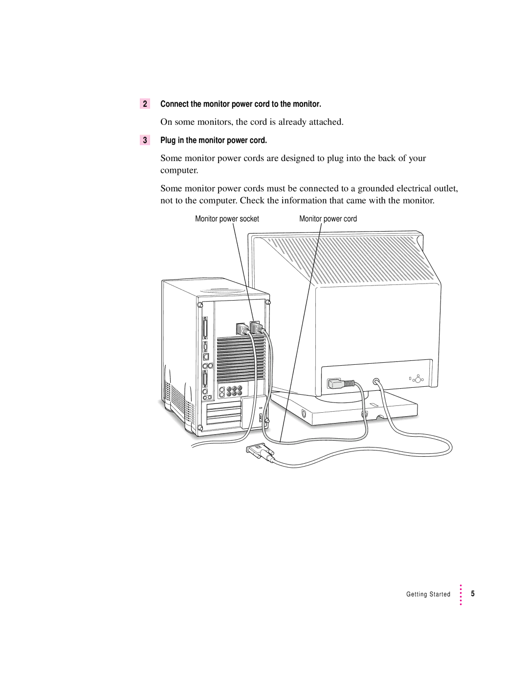 Apple 8500/150 Series On some monitors, the cord is already attached, Connect the monitor power cord to the monitor 