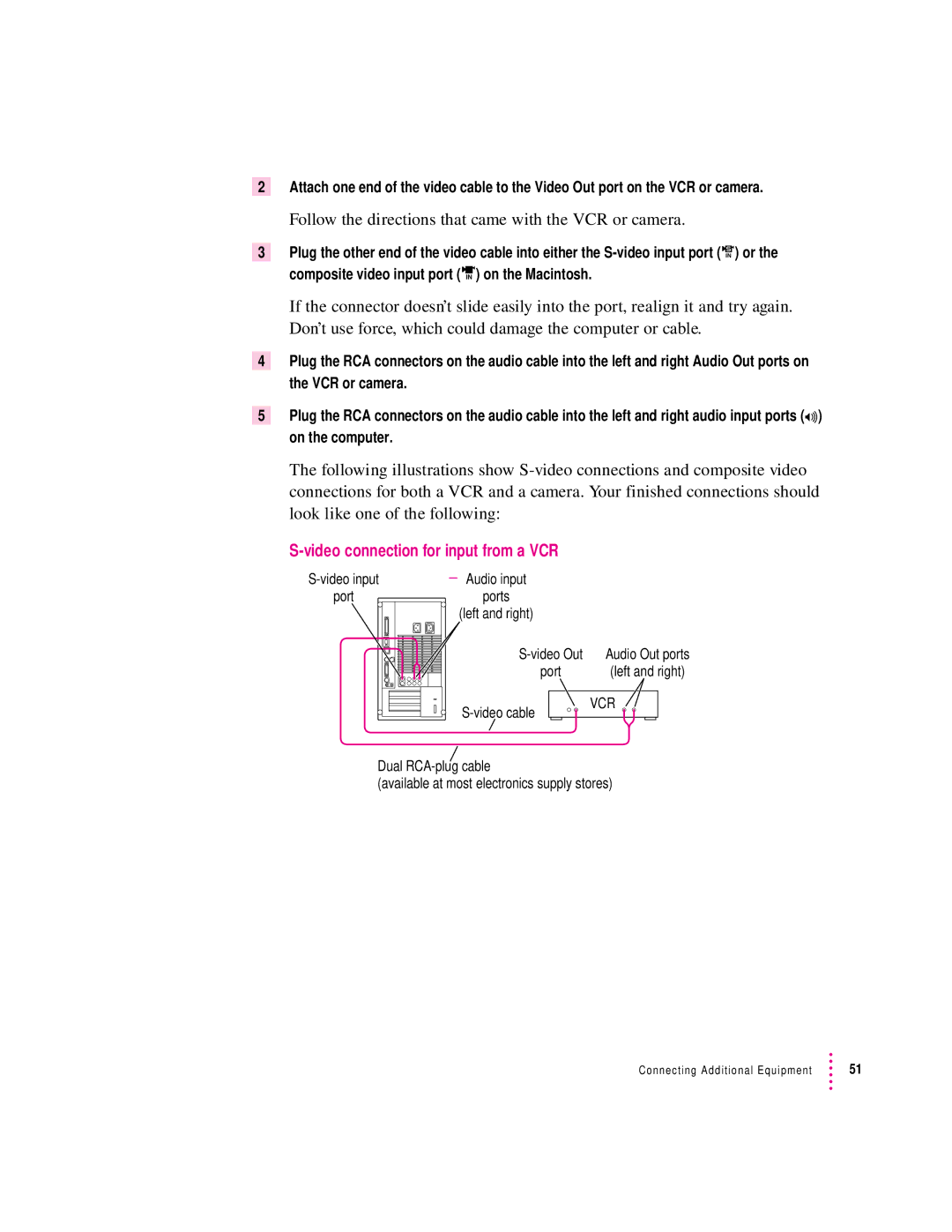 Apple 8500/150 Series Follow the directions that came with the VCR or camera, Video connection for input from a VCR 