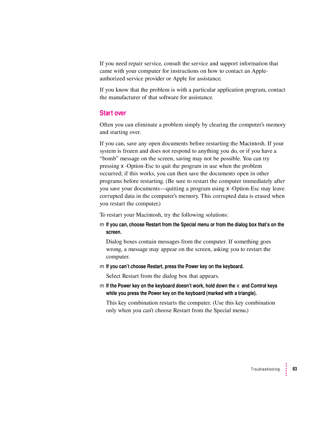 Apple 8500/150 Series, 8500 Series appendix Start over, Select Restart from the dialog box that appears 