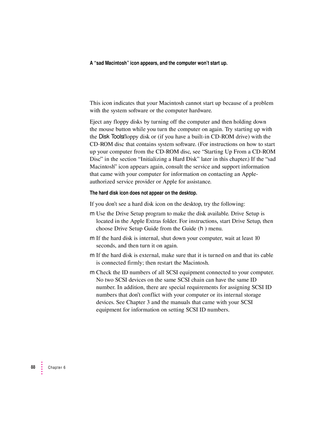 Apple 8500 Series, 8500/150 Series appendix Sad Macintosh icon appears, and the computer won’t start up 