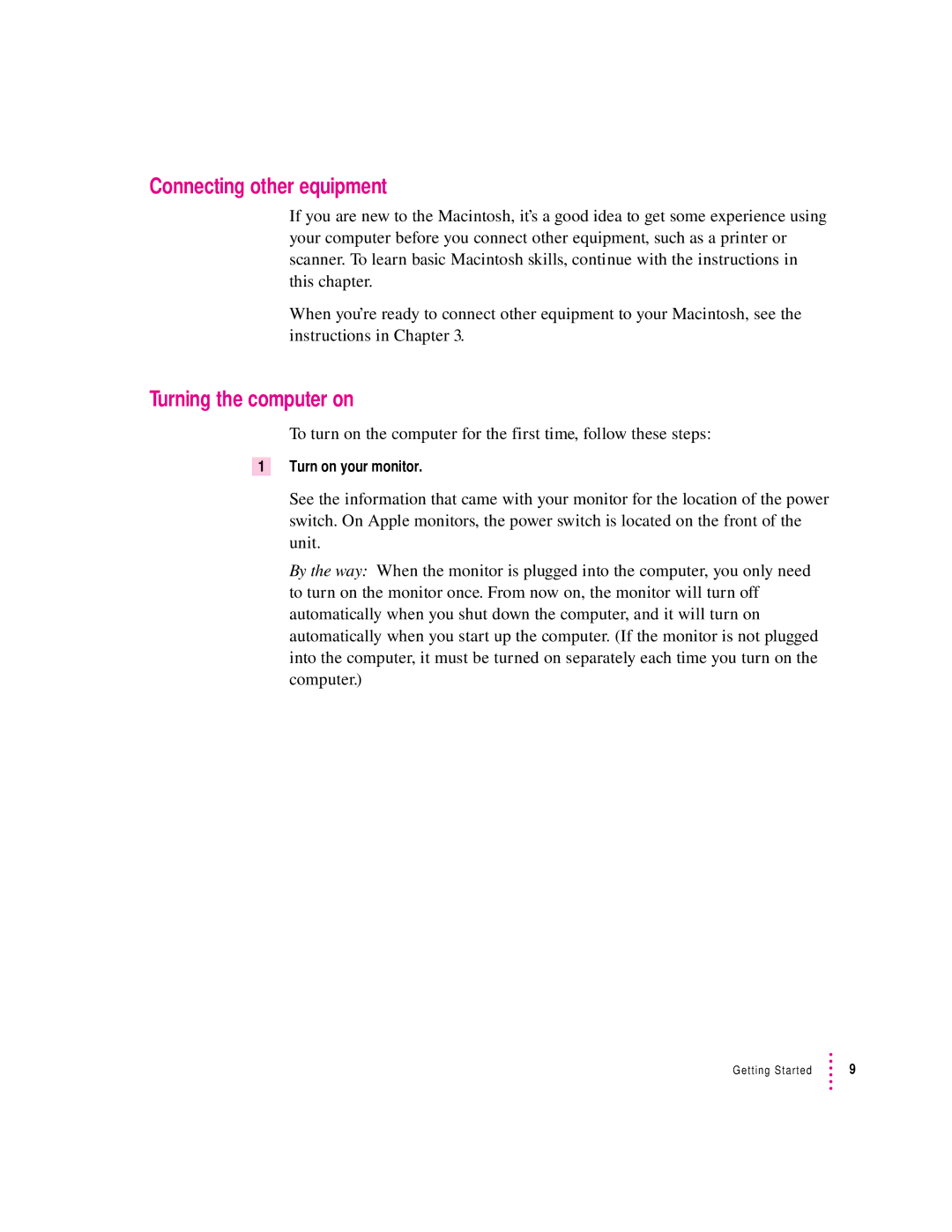 Apple 8500/150 Series, 8500 Series appendix Connecting other equipment, Turning the computer on, Turn on your monitor 