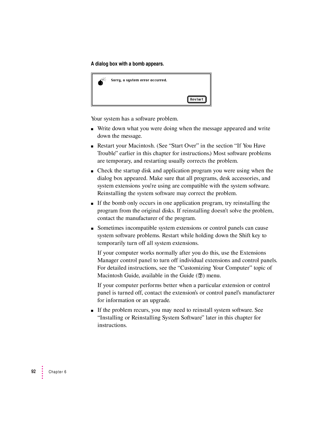 Apple 8500 Series, 8500/150 Series appendix Dialog box with a bomb appears 