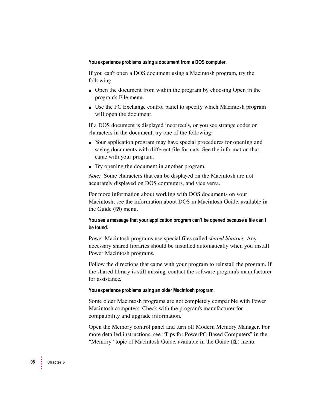 Apple 8500 Series, 8500/150 Series appendix You experience problems using a document from a DOS computer 