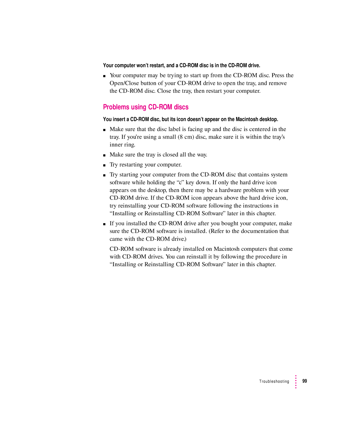 Apple 8500/150 Series, 8500 Series appendix Problems using CD-ROM discs 