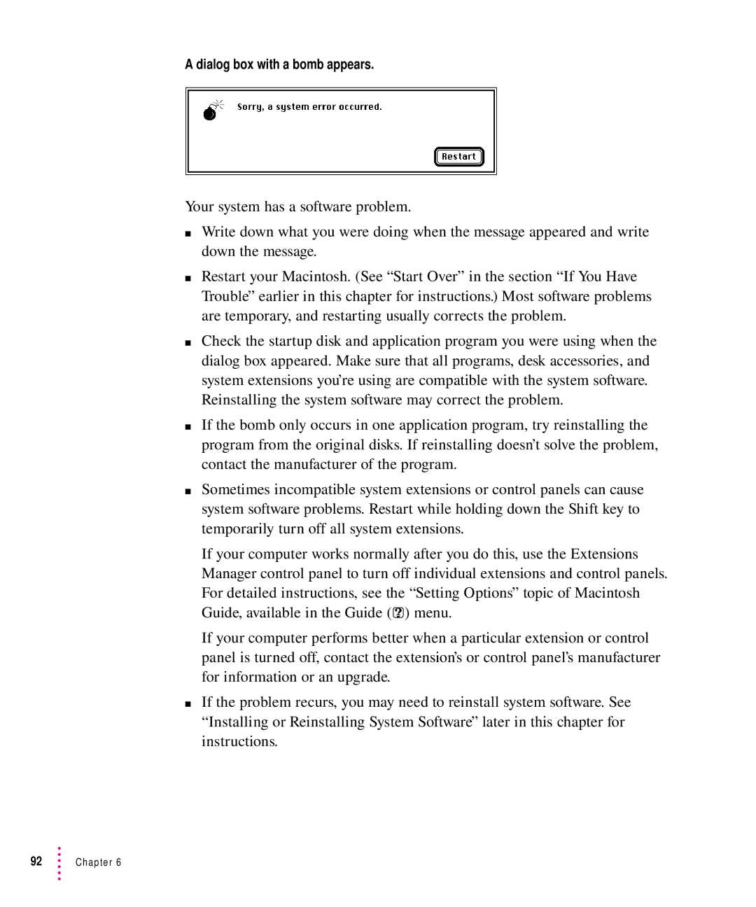 Apple 8500 manual Dialog box with a bomb appears 