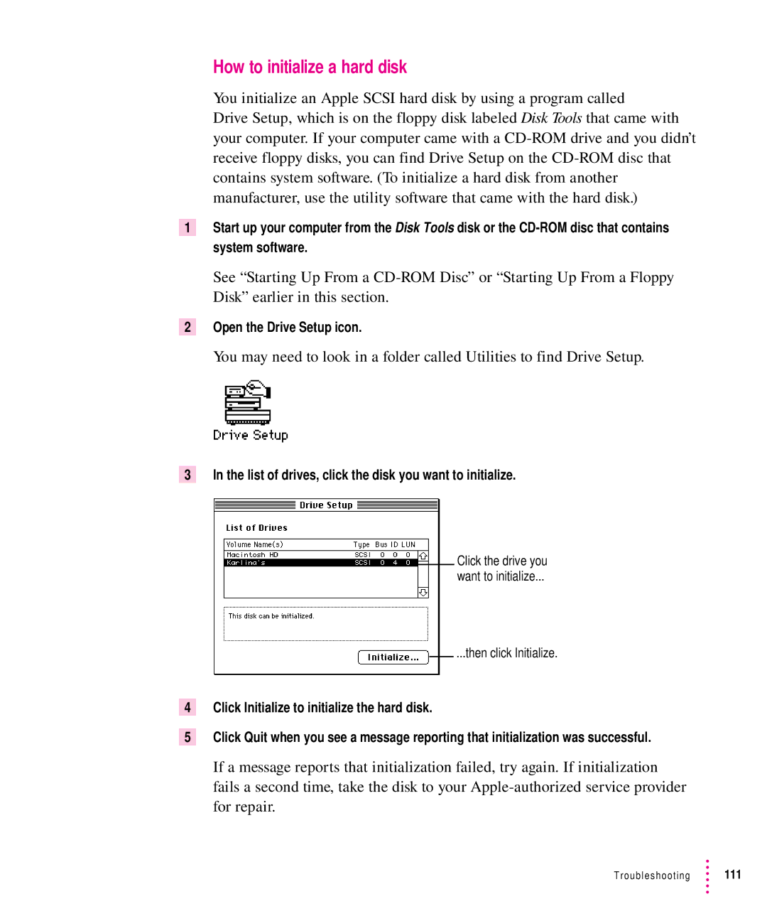 Apple 8500 How to initialize a hard disk, Open the Drive Setup icon, List of drives, click the disk you want to initialize 