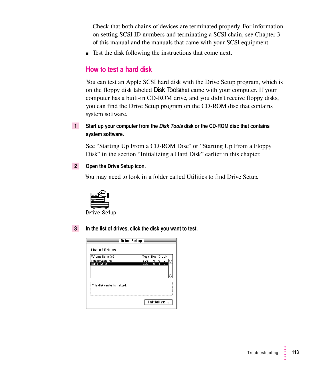 Apple 8500 manual How to test a hard disk, List of drives, click the disk you want to test 