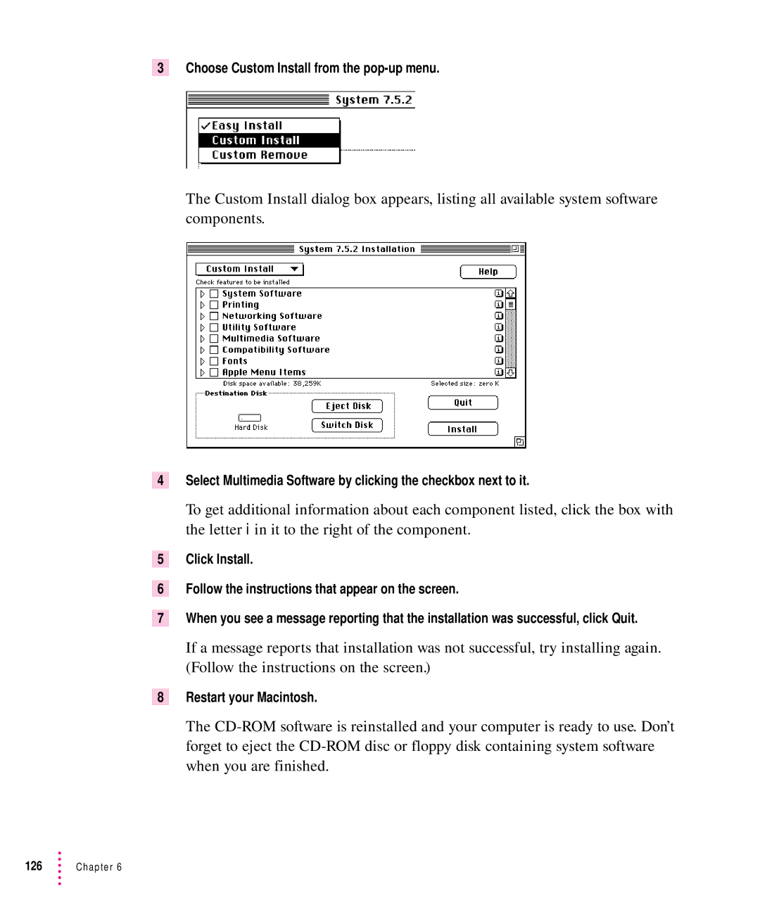 Apple 8500 manual Choose Custom Install from the pop-up menu 